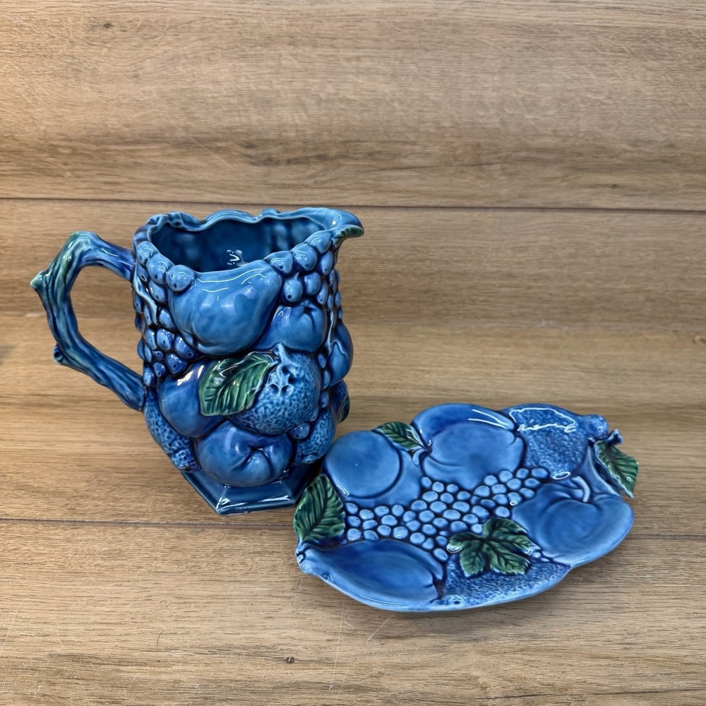 Vintage Inarco Mood Indigo Blue Fruit Pitcher And Plate Japan 2429 2376